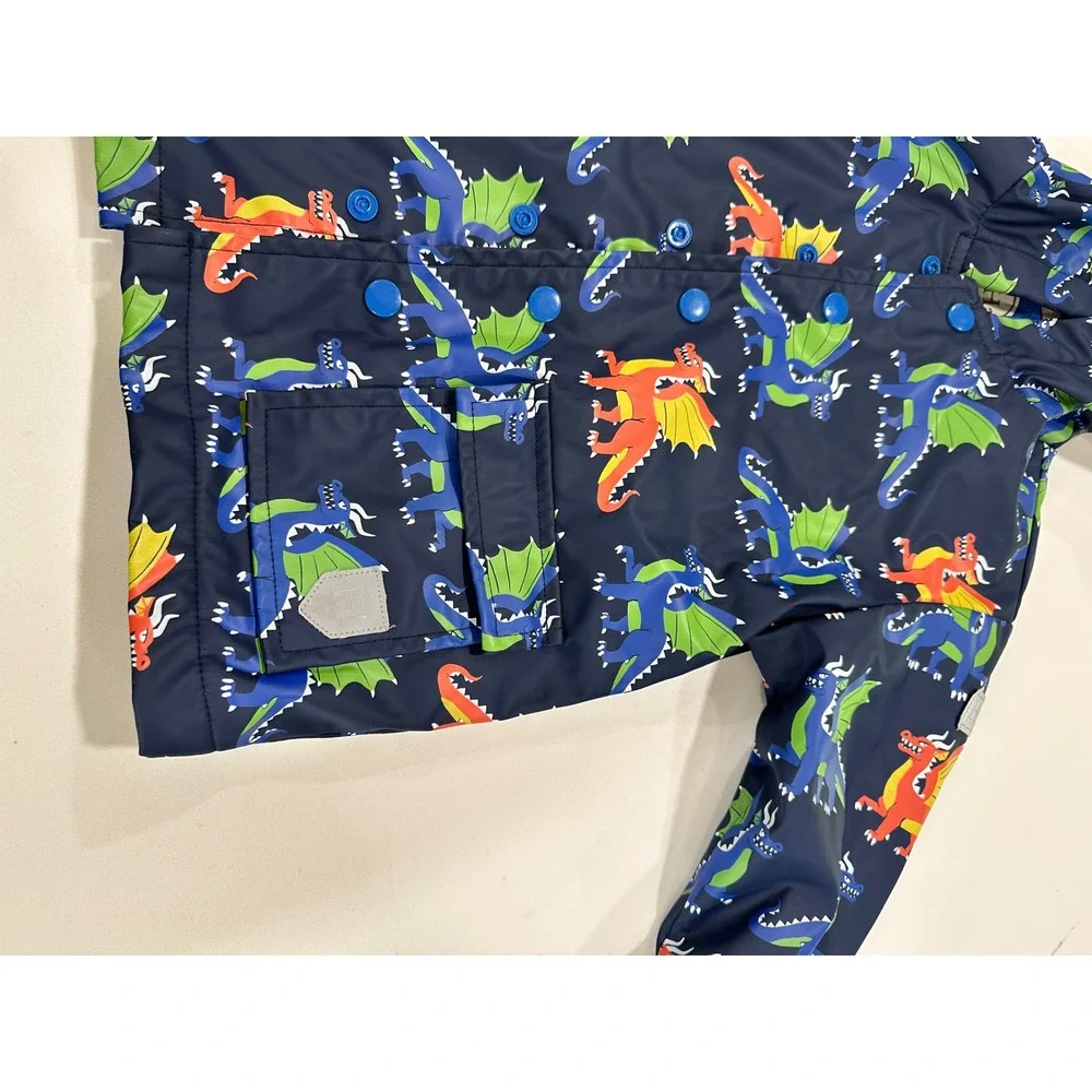 Hatley Kids Navy Blue Dragon Print Hooded Raincoat‎ Waterproof Jacket Size 2